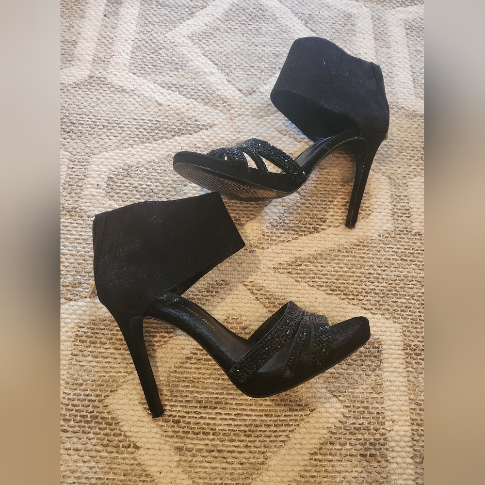 Signature by Vince Camuto Black Suede Heels Stiletto Rhinestone Shoes